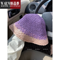 SHANCHAO粥可可 日系草帽女夏季出游遮阳沙滩渔夫帽拼色草编透气盆帽