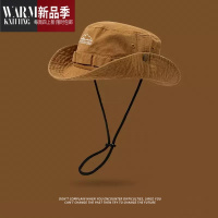 SHANCHAO日系薄款抽绳大檐渔夫帽子女夏季透气户外登山出游西部牛仔帽