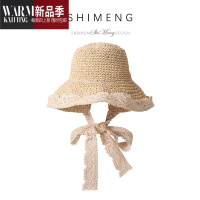SHANCHAO夏季蕾丝法式系带编织渔夫草帽女草编帽子遮阳帽沙滩拍照海边