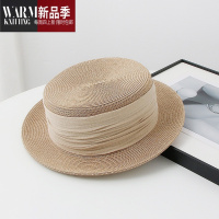 SHANCHAO英伦复古草帽女夏季休闲遮阳帽子短檐褶皱草编礼帽平顶太阳帽