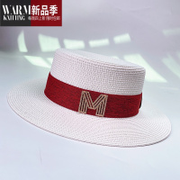 SHANCHAO夏季英伦平顶草帽女夏沙滩出游遮阳帽宽檐百搭礼帽M标太阳帽