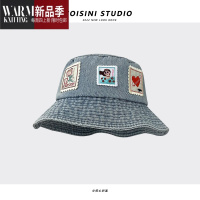 SHANCHAO日系新款贴布水印复古牛仔渔夫帽子女小众学生百搭帽盆帽