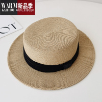 SHANCHAO法式平顶草帽女夏天海边度假遮阳帽子网红草编宽檐小清新礼帽