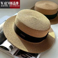 SHANCHAO平顶帽子女夏度假海边巴拿马草帽平沿法式沙滩帽草编遮阳礼帽