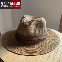 SHANCHAO法式复古浅咖啡草编帽女夏季度假草帽英伦礼帽海边沙滩遮阳帽