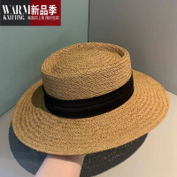 SHANCHAO网红法式草编织海边平顶礼帽子女夏季平沿草帽沙滩度假遮阳帽