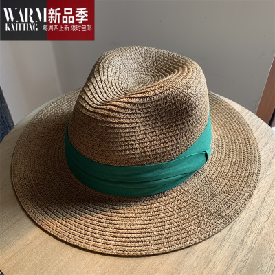 SHANCHAO巴拿马平沿草帽夏天出游沙滩帽子女英伦时尚绿色百搭草编帽