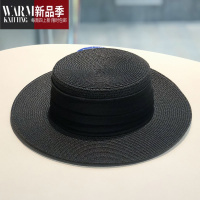 SHANCHAO韩国褶皱丝带平顶草帽女出游度假时尚百搭日系礼帽夏季帽子潮