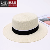 SHANCHAO草帽女夏天出游沙滩帽海边遮阳平顶太阳帽子M英伦百搭小礼帽