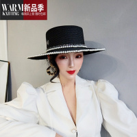 SHANCHAO平顶平沿遮阳草帽女夏天法式遮阳帽宽檐礼帽英伦百搭珍珠花边