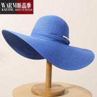 SHANCHAO蓝色沙滩帽遮阳草帽大沿帽子女夏天可折叠太阳帽海边度假韩版