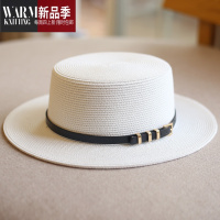 SHANCHAO帽子遮阳皮带扣平顶帽礼帽户外沙滩出游草编帽女夏百搭平檐潮