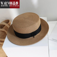 SHANCHAO2023复古英伦草帽子夏天女平顶遮阳帽女蝴蝶结太阳帽爵士帽