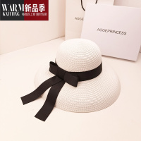 SHANCHAO复古赫本黑色网红草帽遮阳帽度假海边沙滩帽子女夏大檐太阳帽