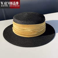 SHANCHAO宽檐绸缎水钻草编平顶礼帽女韩版百搭沙滩度假遮阳帽潮
