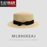 SHANCHAO草帽女海边遮阳帽沙滩爵士小礼帽男小清新蝴蝶结编制平顶帽子