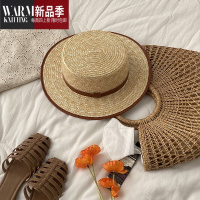 SHANCHAO法式小香平顶麦秆草帽女夏季海边沙滩度假巴拿马遮阳草编礼帽