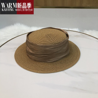 SHANCHAO法式ins平顶平沿褶皱丝带草帽优雅女度假海边礼帽遮阳帽