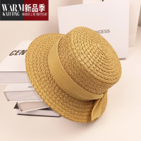 SHANCHAO蝴蝶结礼帽平檐草帽女夏季遮阳帽百搭时尚帽子草编平顶太阳帽