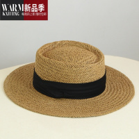 SHANCHAO网红法式手工编织海边平顶礼帽子女夏平沿草帽沙滩度假遮阳