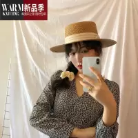 SHANCHAO网红平顶草帽女夏时尚沙滩帽遮阳复古法式平沿帽子小清新礼帽
