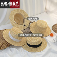 SHANCHAO法式平顶草帽女夏遮阳海边度假沙滩帽子新款网红时尚英伦礼帽