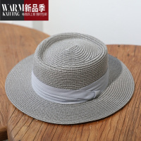 SHANCHAO法式度假平顶草帽男女夏季遮阳帽英伦灰色凹顶礼帽沙滩太阳帽