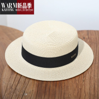 SHANCHAO米色帽子圆脸平顶礼帽短发帽子女夏韩版潮草帽英伦小沿太阳帽
