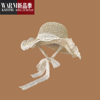 SHANCHAOins韩版赫本风蕾丝长系带镂空草编帽子女夏季出游沙滩太阳帽