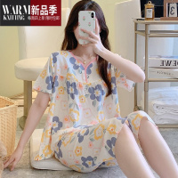 SHANCHAO韩版甜美可外穿绵绸套装短袖棉绸睡衣女夏季妈妈款大码空调家居服