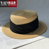 SHANCHAO法式夏季新款网红短平檐女麦秆草帽复古休闲平顶帽礼帽遮阳潮