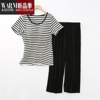 SHANCHAO莫代尔女带胸垫半袖罩杯一体条纹宽松版短袖睡衣七分裤家居服套装