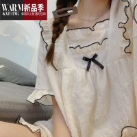 SHANCHAO蝴蝶结睡衣女夏季梭织棉质短袖薄款2023年新款高级感可爱夏天套装