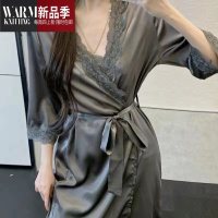 SHANCHAO秋季薄款法式蕾丝睡衣套装女缎面睡袍吊带连衣裙气质家居服套