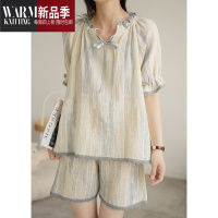 SHANCHAO双层绉布 女士纱布睡衣套装 V领蕾丝边短袖短裤 家居服 夏装