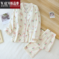 SHANCHAO带胸垫睡衣女长袖双层纱布可爱宽松免文胸家居服套装