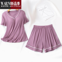 SHANCHAO睡衣女夏款带胸垫短袖短裤免文胸一体莫代尔家居服七分裤三件套装