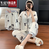 SHANCHAO网红睡衣女冰丝夏季三件套短袖薄款高级感小黑猫冰雪丝家居服套装