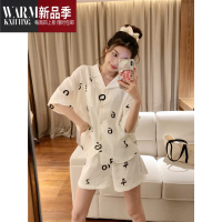 SHANCHAO奶fufu数字简约夏季睡衣女新款麻短袖开衫纱布居服套装