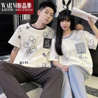 SHANCHAO情侣装睡衣女夏季薄款短袖长裤套装男士休闲加大码家居服