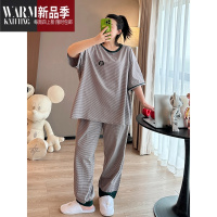 SHANCHAO胖冯冯夏季胖MM200斤新款短袖配色条纹大码宽松女睡衣套装家居服
