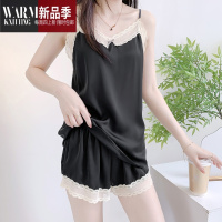 SHANCHAO夏季冰丝吊带千鸟格睡衣女新款无袖花边高级感家居服套装