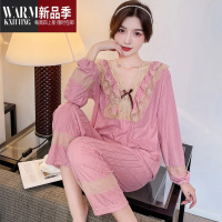 SHANCHAO睡衣秋季女款长袖2023年新款网红套装蕾丝豆沙