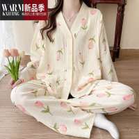 SHANCHAO纱布孕妇睡衣女产后哺乳喂奶夏季薄款月子服花卉开衫套装