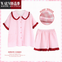SHANCHAO娃娃领甜美短袖短裤套装女夏季纱布可外穿睡衣胖MM200斤