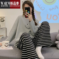 SHANCHAO睡衣女款2023年可外穿ins笑脸长袖长裤条纹家居服套装