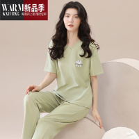 SHANCHAO带胸垫睡衣女夏季V领短袖长裤免穿文胸家居服套装可外穿
