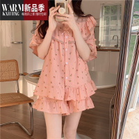 SHANCHAO夏天网红风蕾丝碎花短袖短裤睡衣女夏季小个子家居服外穿套装