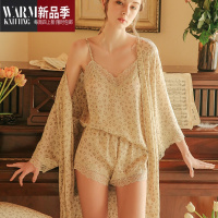 SHANCHAO睡衣女夏季三件套装豹纹蕾丝性感吊带短裤薄款冰丝家居服晨袍