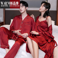 SHANCHAO情侣睡衣女长袖冰丝红色结婚新婚晨袍性感夏季套装男士